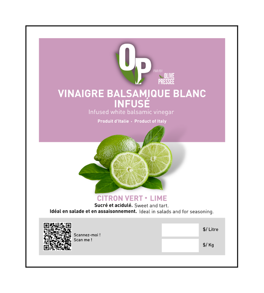 VINAIGRE BALSAMIQUE BLANC AU CITRON VERT OLIVE PRESSÉE / OLIVE PRESSÉE GREEN LEMON INFUSED WHITE BALSAMIC VINEGAR