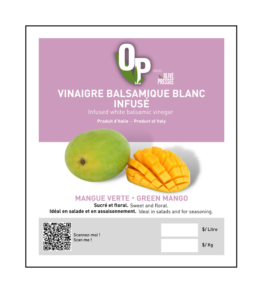 VINAIGRE BALSAMIQUE BLANC À LA MANGUE VERTE OLIVE PRESSÉE / OLIVE PRESSÉE GREEN MANGO INFUSED WHITE BALSAMIC VINEGAR