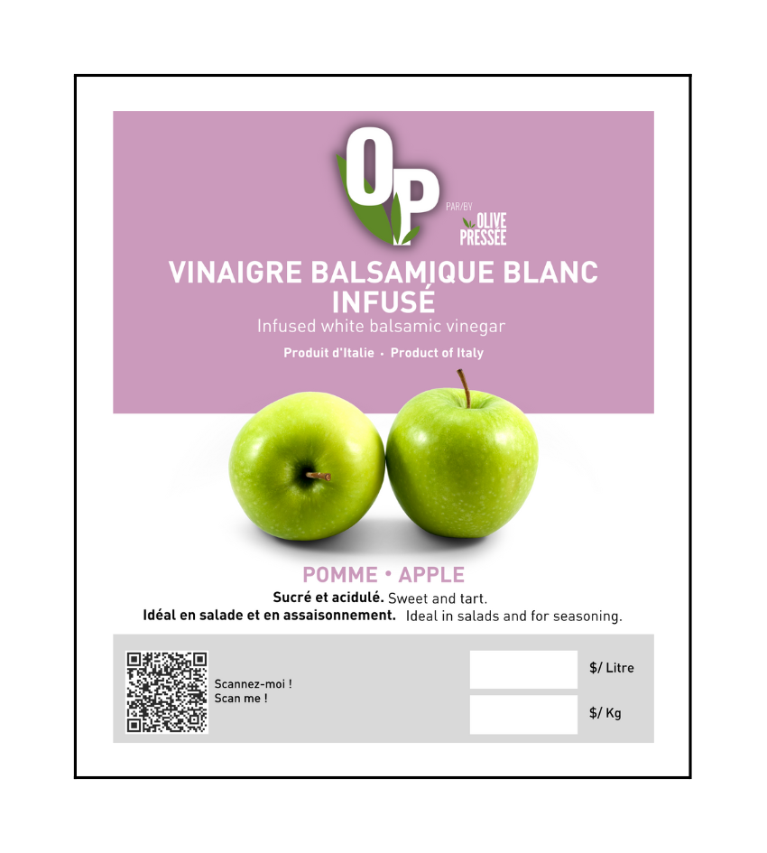 VINAIGRE BALSAMIQUE BLANC À LA POMME VERTE OLIVE PRESSÉE / OLIVE PRESSÉE GREEN APPLE INFUSED WHITE BALSAMIC VINEGAR
