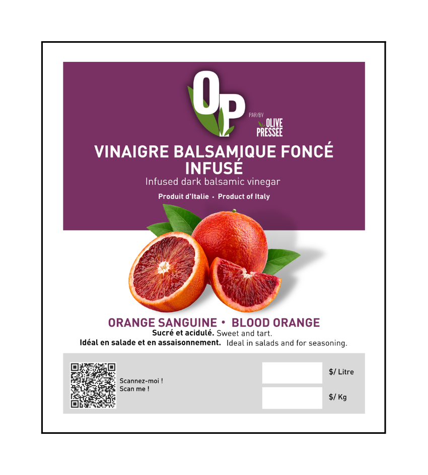 VINAIGRE BALSAMIQUE FONCÉ À L'ORANGE SANGUINE OLIVE PRESSÉE / OLIVE PRESSÉE BLOOD ORANGE DARK BALSAMIC VINEGAR
