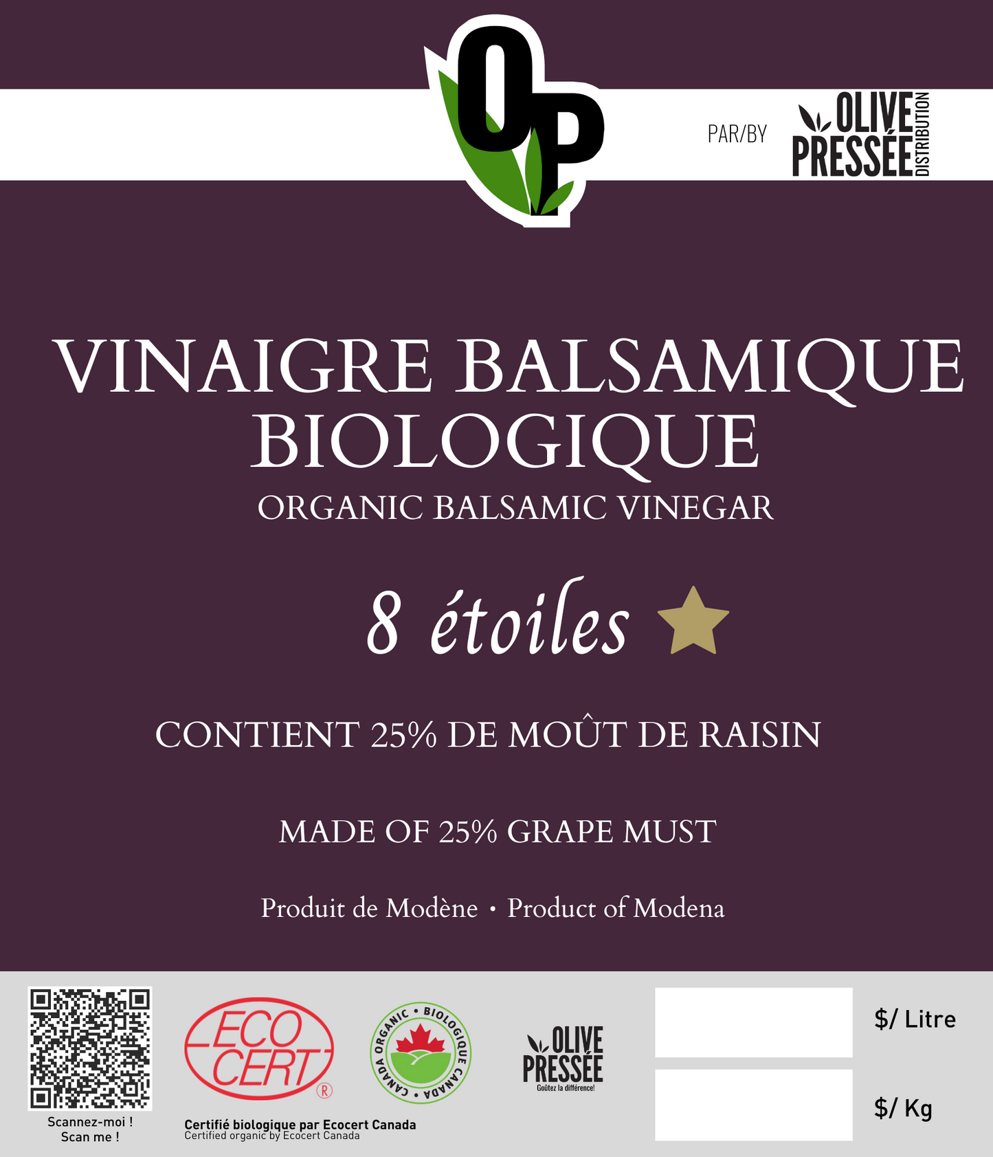 VINAIGRE BALSAMIQUE BIOLOGIQUE 8 ÉTOILES /  8 STARS ORGANIC BALSAMIC VINEGAR
