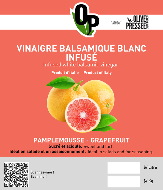 VINAIGRE BALSAMIQUE BLANC AU PAMPLEMOUSSE OLIVE PRESSÉE / OLIVE PRESSÉE GRAPEFRUIT INFUSED WHITE BALSAMIC VINEGAR