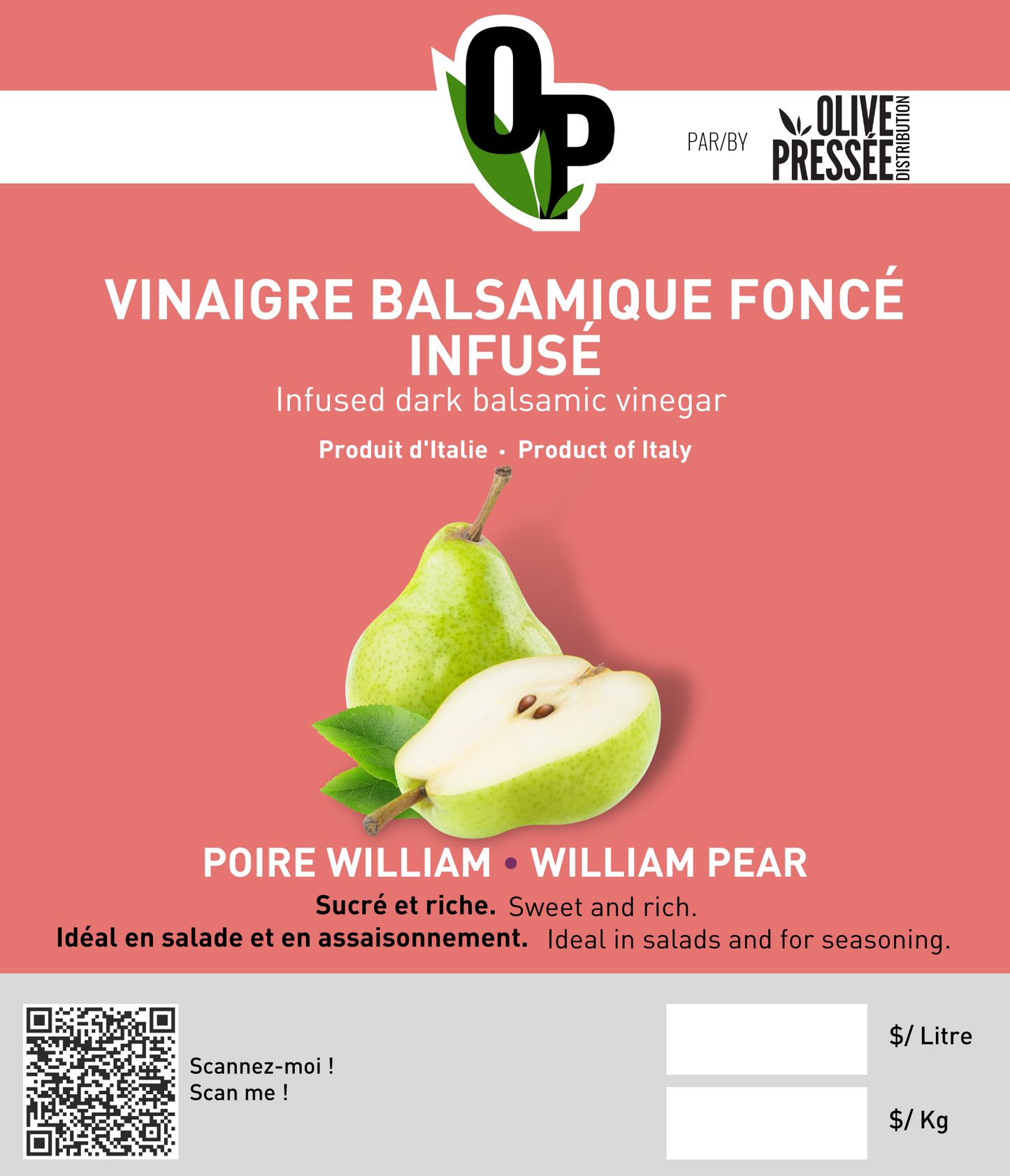 VINAIGRE BALSAMIQUE BLANC À LA POIRE WILLIAM OLIVE PRESSÉE / OLIVE PRESSÉE WILLIAM PEAR INFUSED WHITE BALSAMIC VINEGAR