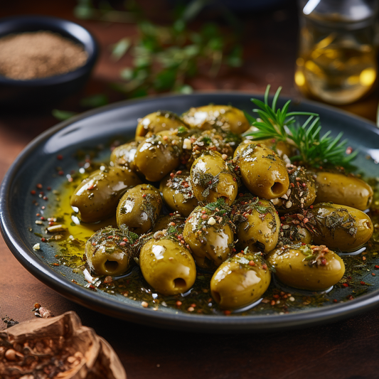 OLIVES VERTES MARINÉES DÉNOYAUTÉES ZAATAR / MARINATED PITTED GREEN OLIVES ZAATAR