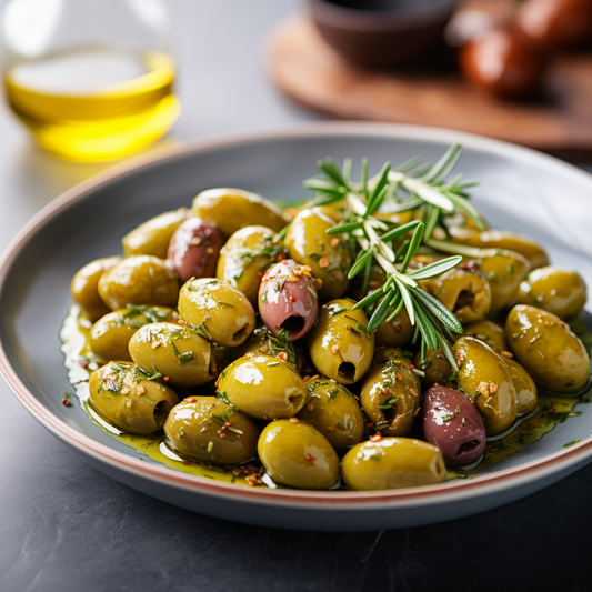 OLIVES VERTES MARINÉES DÉNOYAUTÉES À LA PROVENÇALE / MARINATED PITTED GREEN OLIVES À LA PROVENÇALE