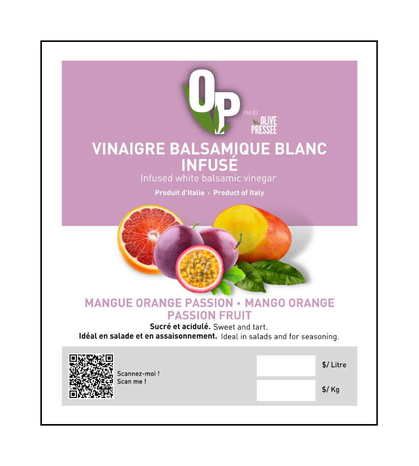 VINAIGRE BALSAMIQUE BLANC MANGUE ORANGE PASSION OLIVE PRESSÉE / OLIVE PRESSÉE MANGO ORANGE PASSION FRUIT INFUSED WHITE BALSAMIC VINEGAR