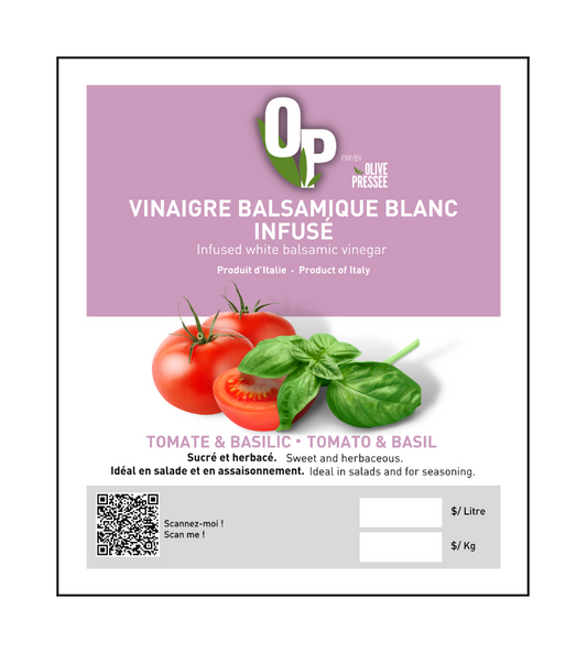 VINAIGRE BALSAMIQUE BLANC TOMATE BASILIC OLIVE PRESSÉE / OLIVE PRESSÉE TOMATO & BASIL WHITE BALSAMIC VINEGAR