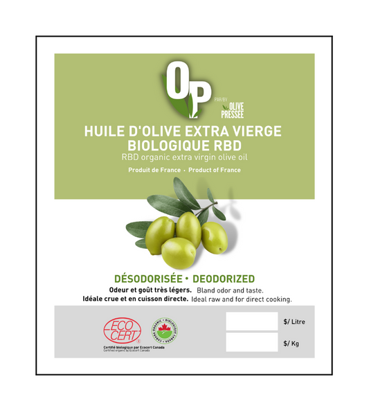HUILE D'OLIVE EXTRA VIERGE BIOLOGIQUE RBD (DÉSODORISÉE) / RBD ORGANIC EXTRA VIRGIN OLIVE OIL (DEODORIZED)