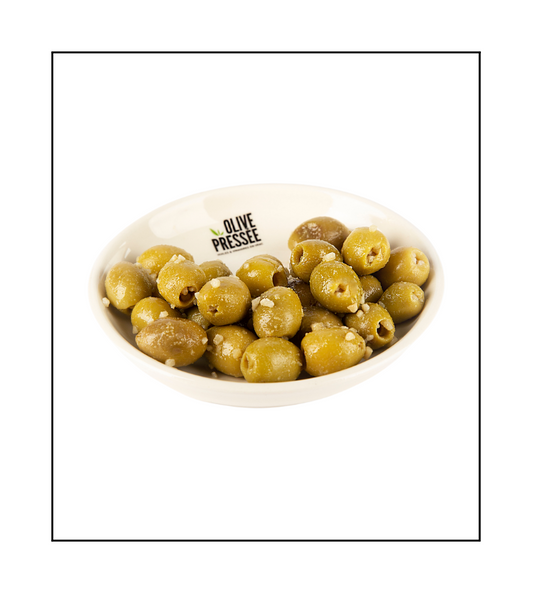 OLIVES VERTES MARINÉES DÉNOYAUTÉES À L'AIL / OLIVE PRESSÉE PITTED MARINATED GREEN OLIVES WITH GARLIC