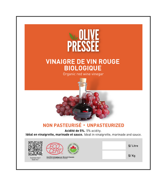VINAIGRE DE VIN ROUGE BIOLOGIQUE OLIVE PRESSÉE / OLIVE PRESSÉE ORGANIC RED WINE VINEGAR